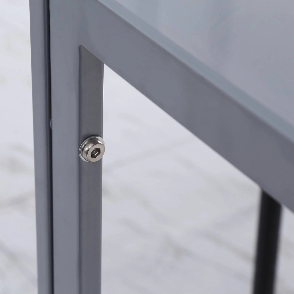 Tavolo da pranzo quadrato per 4 persone in vetro e acciaio grigio, compatto e stabile