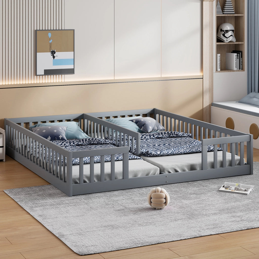 Letto per bambini 2 posti; 2 piani 90×200 cm con barriere di sicurezza; senza materasso; in pino e MDF; grigio