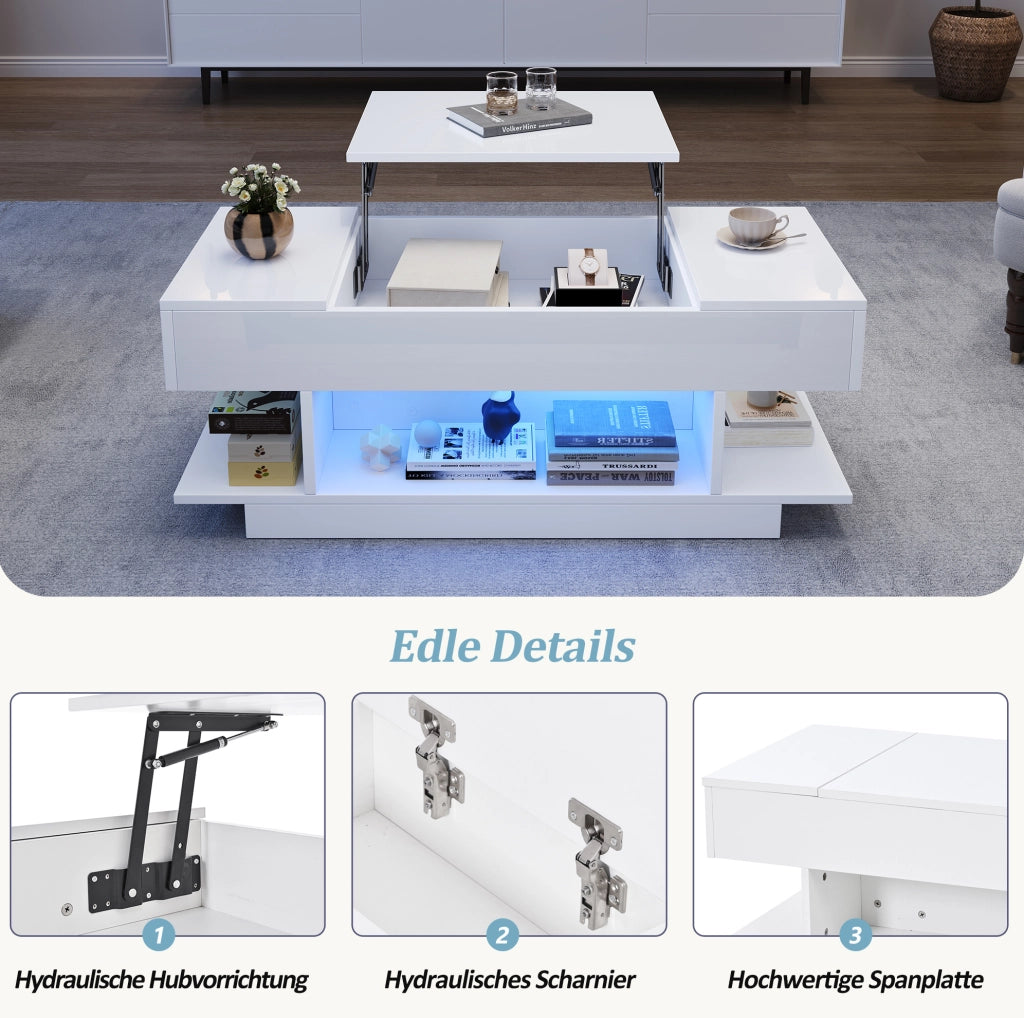 Tavolino elevabile bianco con luci LED e contenitore