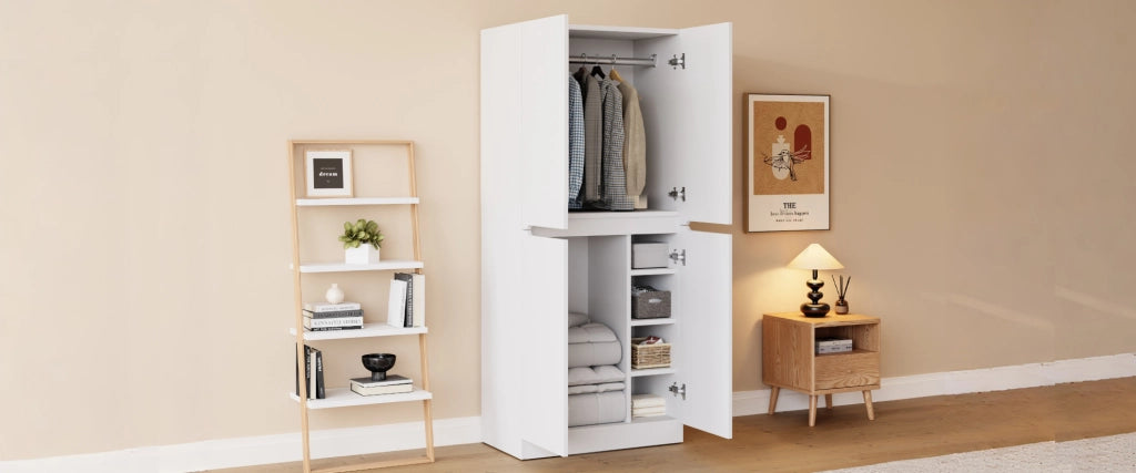 Armadio Bianco 70x40x170 cm con Doppi Ante, Ripiani e Staufach Laterale
