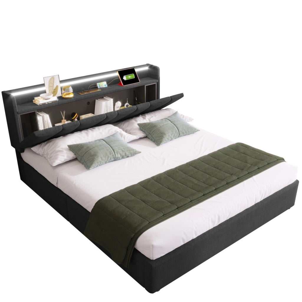 Letto matrimoniale contenitore 140x200 lino grigio LED RGBW e porte USB， senza materasso
