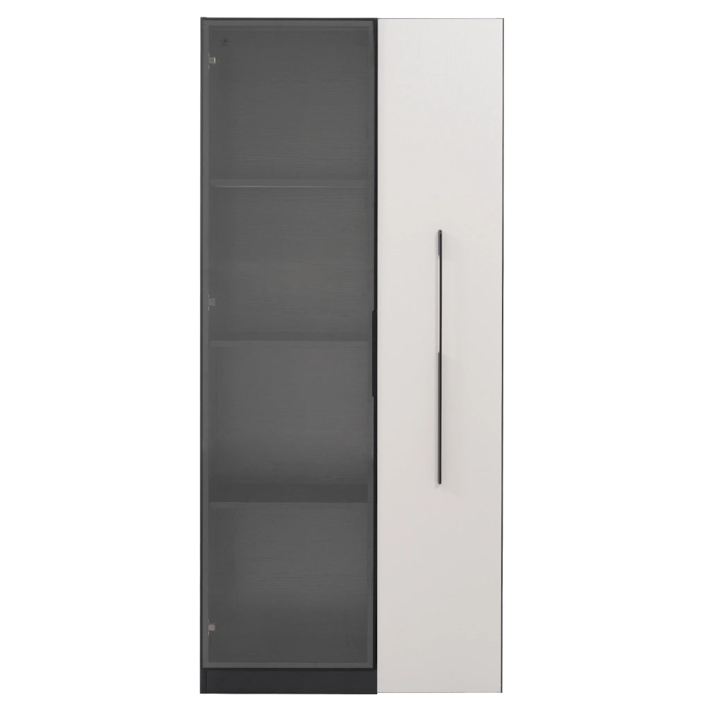 Vetrina con LED, anta in vetro e cassetto estraibile laterale per soggiorno e cucina, MDF nero e bianco, 70 × 40 × 160 cm