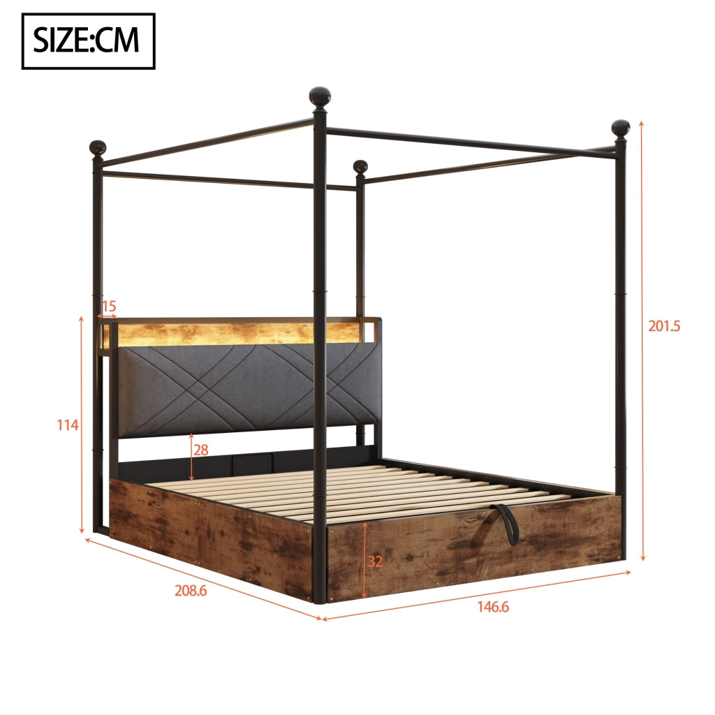 Letto matrimoniale 140 × 190 cm 2 posti; contenitore idraulico; LED regolabile e USB Type-C; senza materasso; nero