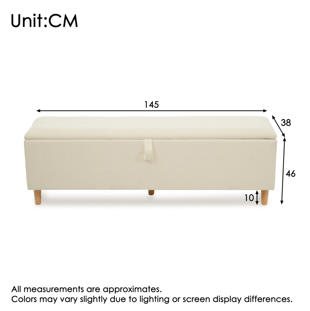 Panca contenitore 145x38 cm beige in tessuto a coste con apertura idraulica