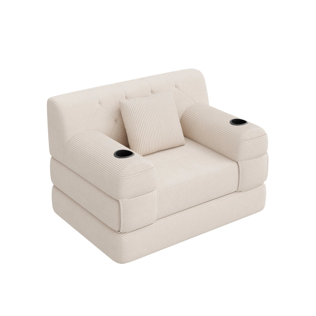 Divano Letto 1 Posto in Corduroy Beige con Schienale Alto, Telaio in Metallo, 2 Porta Bicchieri e 4 Tasche Laterali, Ideale per Soggiorno e Spazi Compatti