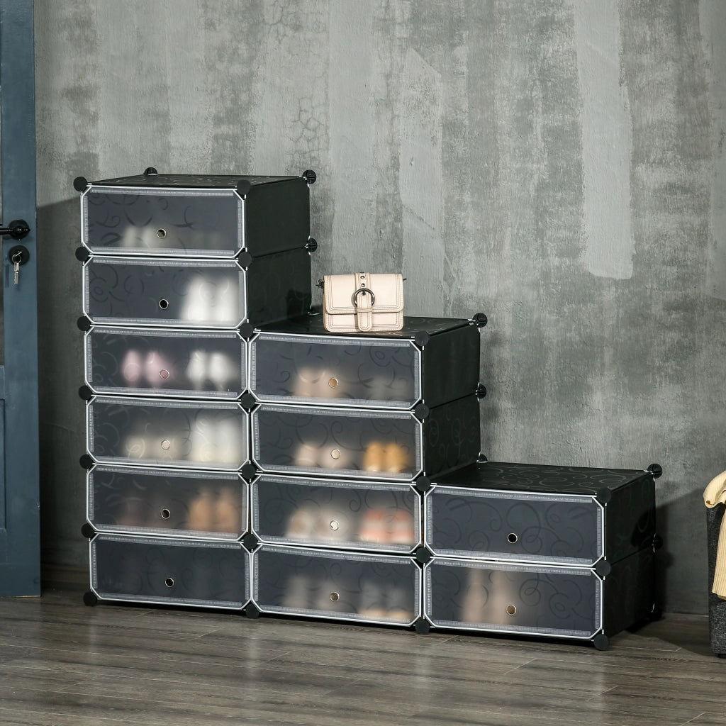 EasyComfort Mobile Scarpiera Modulare Salvaspazio, 12 Cubi 45x35x16 cm in Acciaio e PP, Nero e Bianco