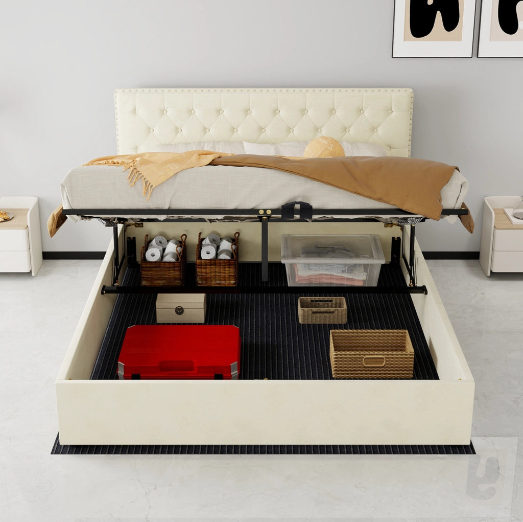 Letto moderno minimalista beige 160x200 cm con contenitore e materasso incluso
