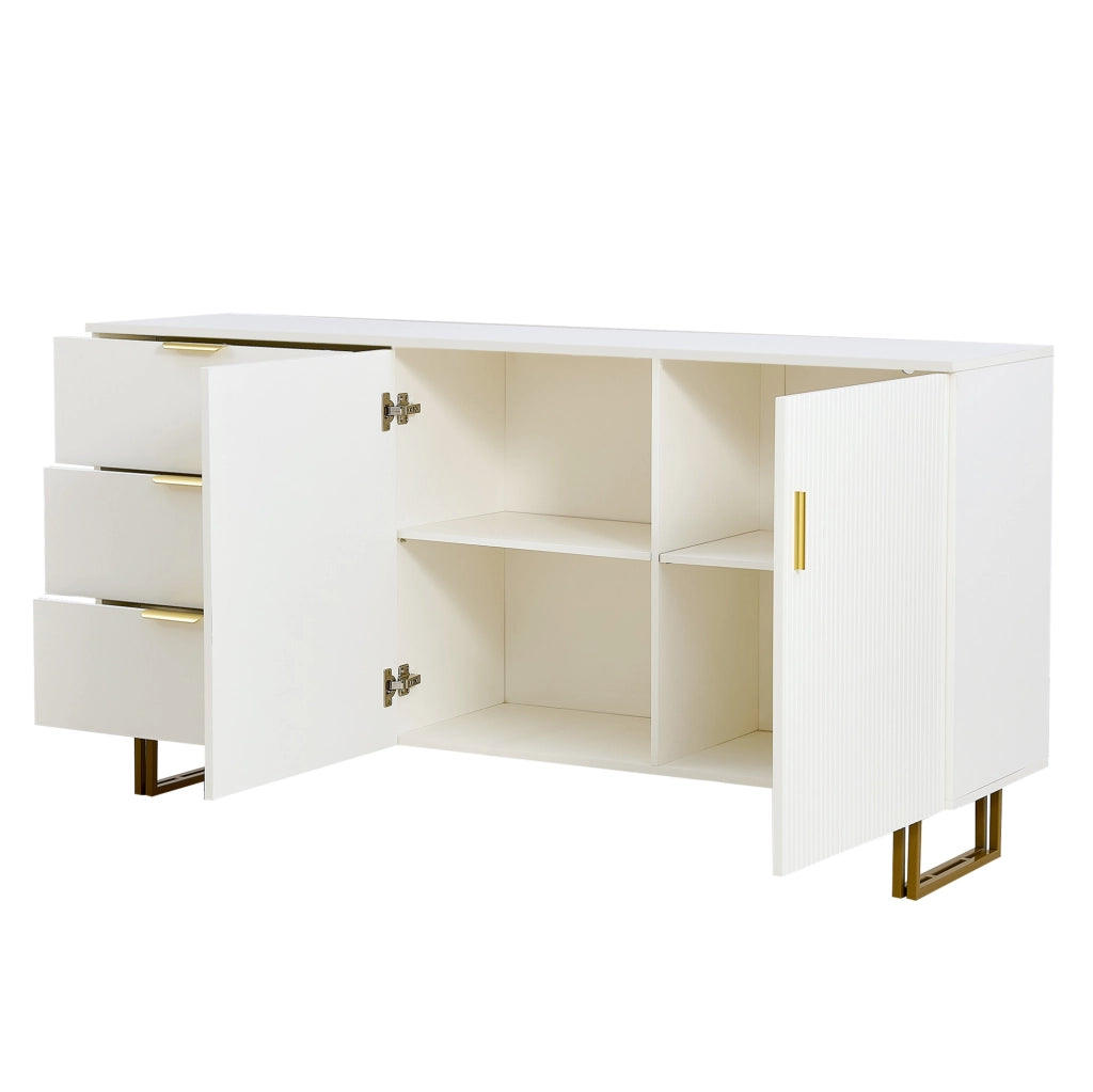 Credenza ULEVR 160x40x81,5 cm con 2 ante e 3 cassetti, mobile contenitore in MDF bianco con gambe in acciaio