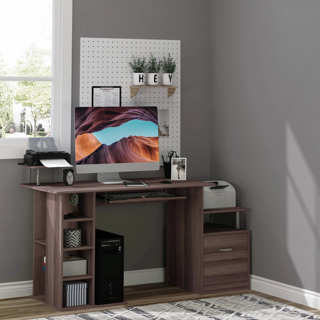 Scrivania per PC da Camera e Ufficio con Cassetto e Scaffale in Legno