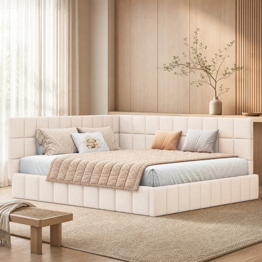 Letto da giorno 160x200 cm trasformabile in divano con rete a doghe in velluto beige
