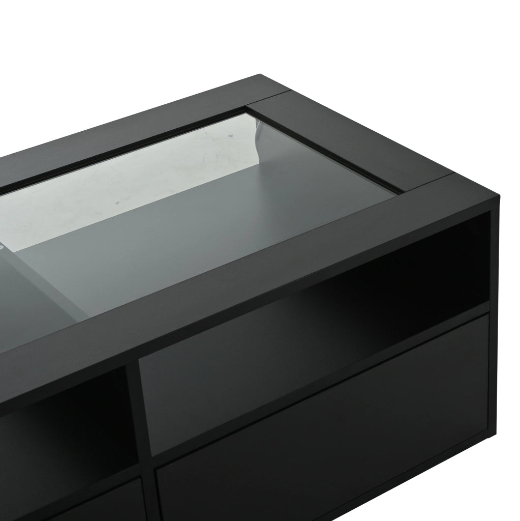 Tavolino da caff¨¨ 100x50x35 cm con LED, vetro temperato e 2 cassetti nero