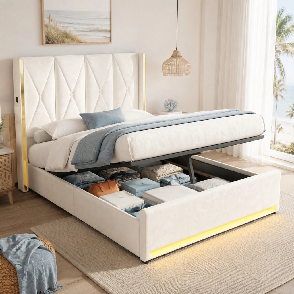 Letto contenitore matrimoniale 160x200 cm; con sollevamento idraulico; porte USB e Type-C; luce LED; in velluto beige; senza materasso