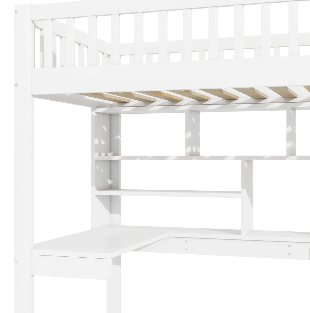 Letto a soppalco 90x200 cm con scrivania, LED e scala contenitore in pino e MDF bianco