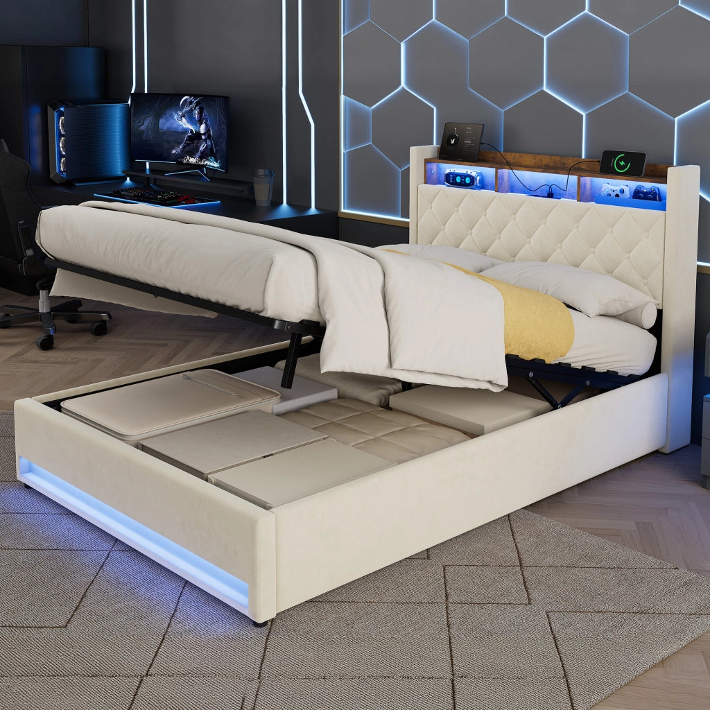 Letto contenitore imbottito 140x200 cm con luce LED; presa elettrica e porta USB; velluto; beige; senza materasso