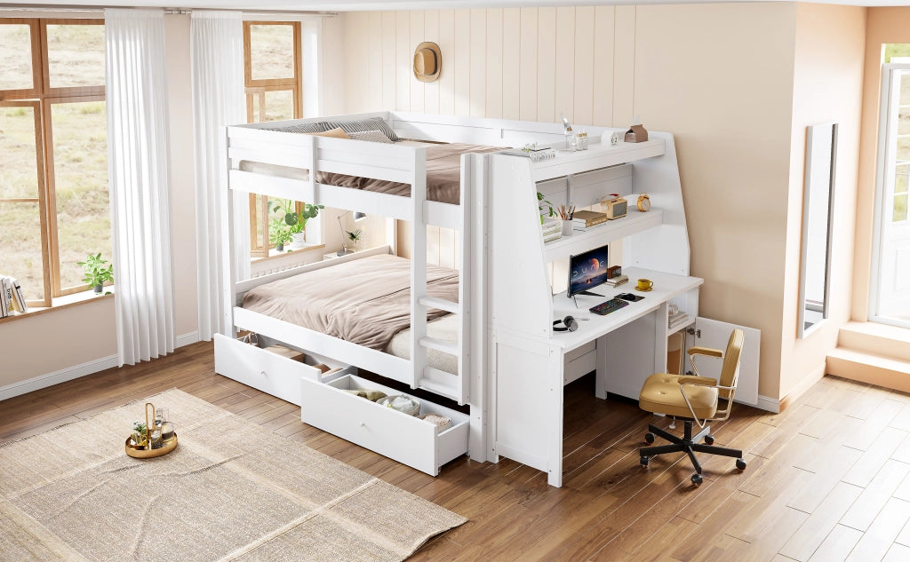 Letto a castello 140 × 200 cm con scrivania armadio laterale reversibile cassetti legno bianco rete a doghe