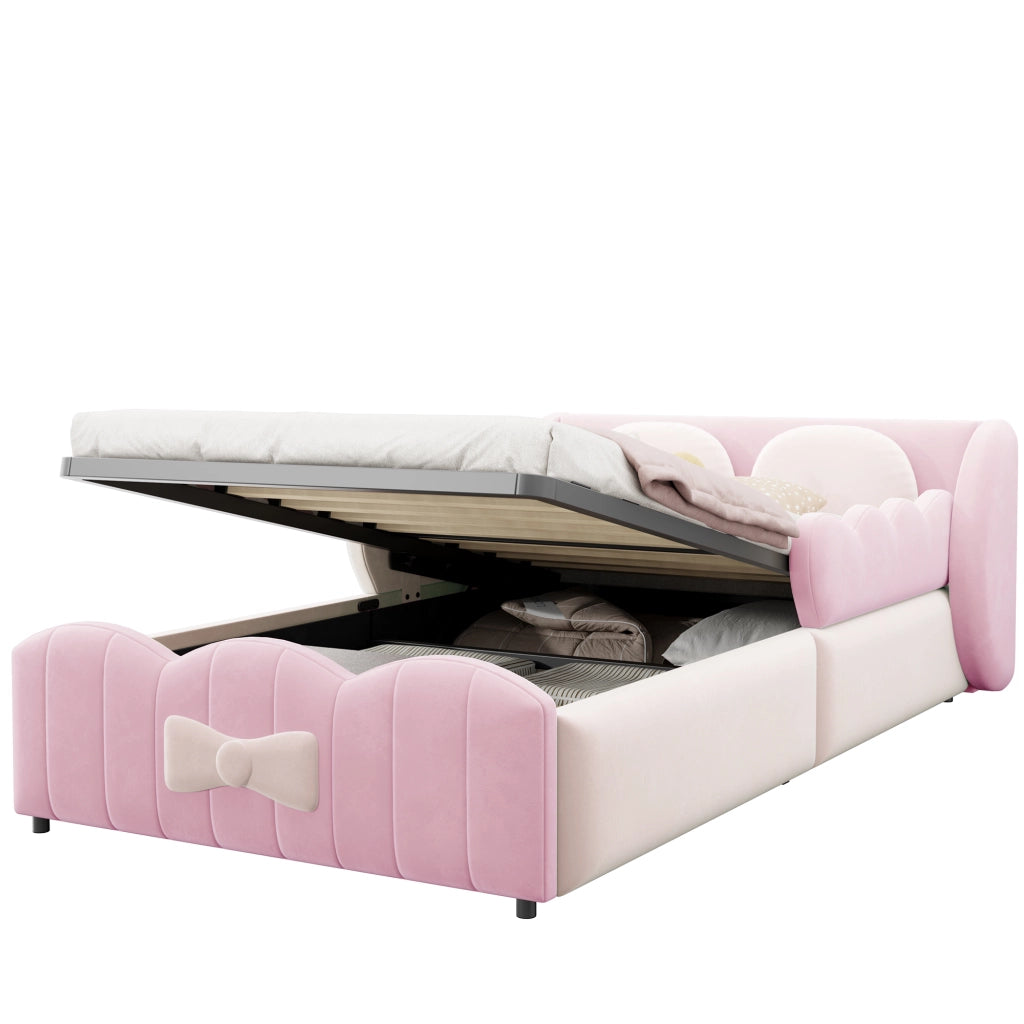 Letto imbottito per bambini 90 x 200 cm; contenitore idraulico; velluto rosa per cameretta