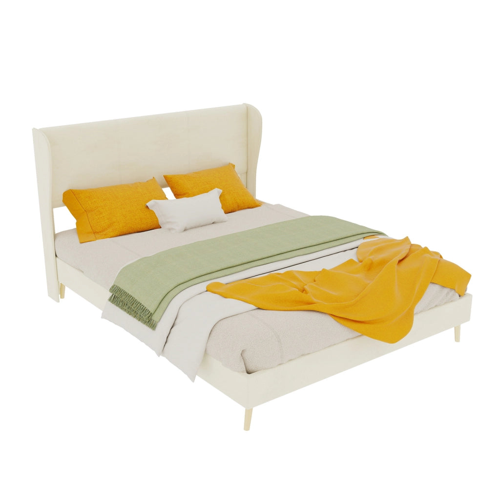 Letto imbottito ULEVR 140x200 cm con testiera e schienale in tessuto beige, struttura in metallo