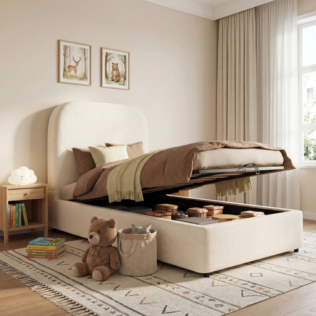 Letto per bambini singolo 90 × 200 cm con contenitore idraulico; senza materasso; in bouclé beige
