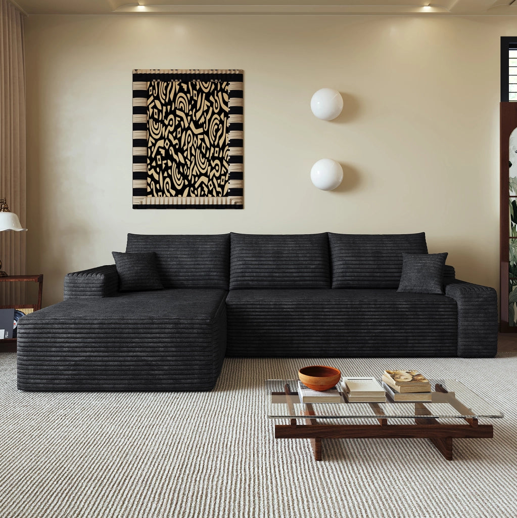 Divano modulare angolare boneless 270 cm con chaise longue a L in velluto a coste nero, senza montaggio
