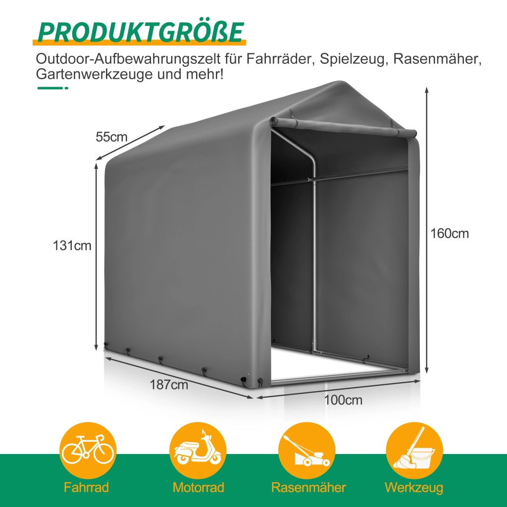 Tenda Garage per Biciclette 187x100x160 cm, Struttura in Acciaio, Impermeabile, Grigio Scuro, per Attrezzi e Accessori, Ideale per Balcone, Terrazzo e Cortile