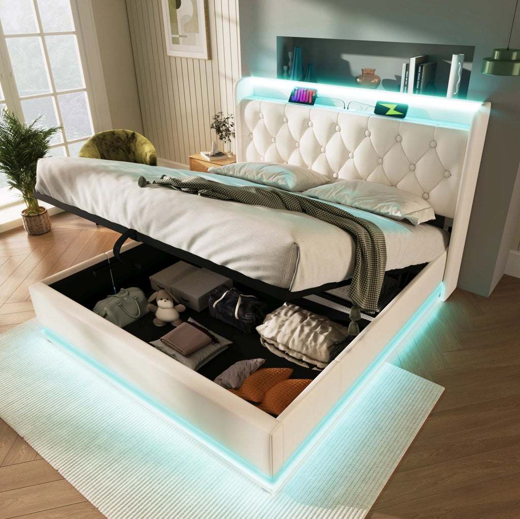 Letto matrimoniale 140x200 cm in PU bianco con LED, USB-C e vano idraulico