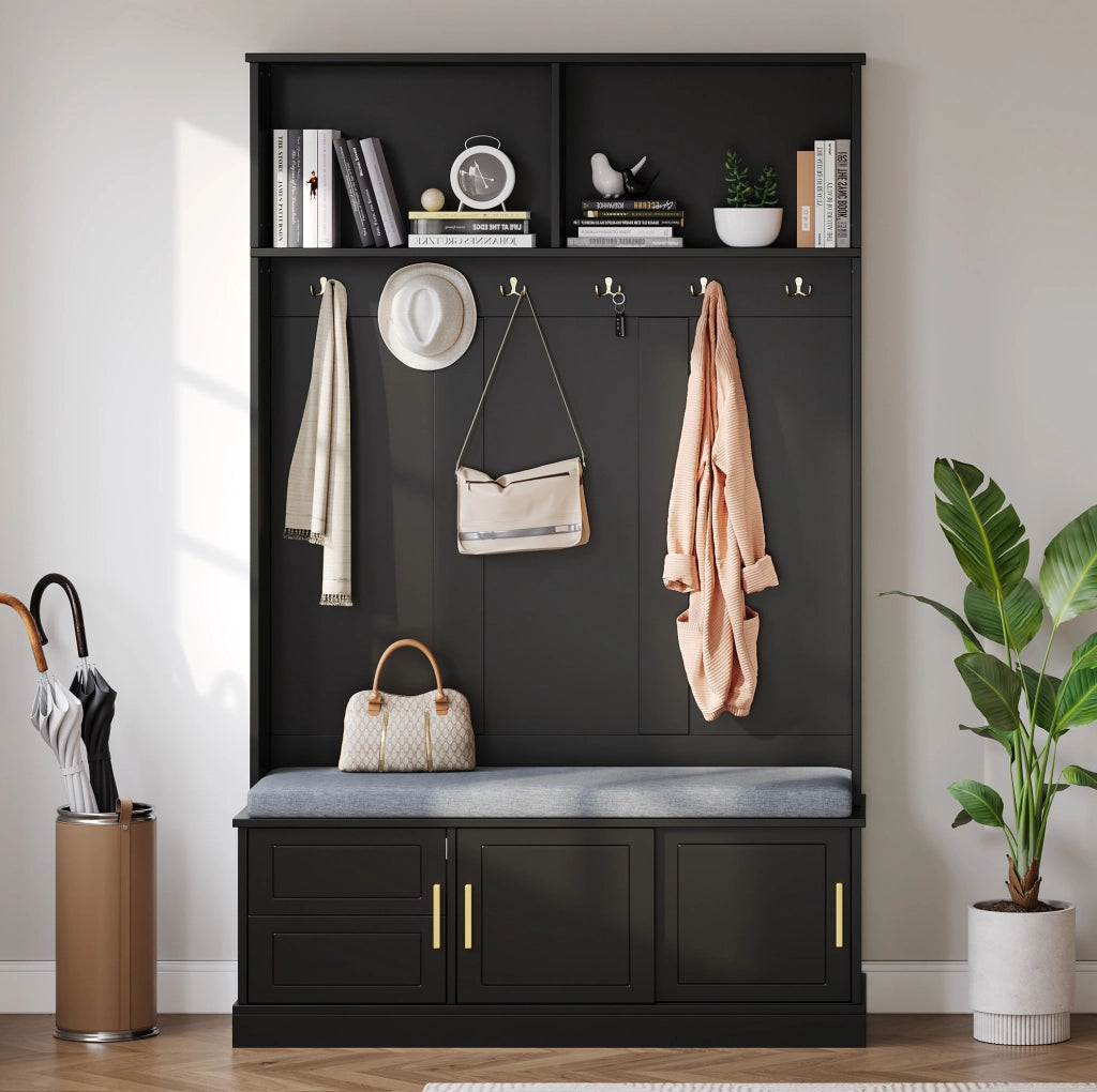 Appendiabiti con panca e scarpiera 120x40x191 cm; 6 ganci; truciolare nero