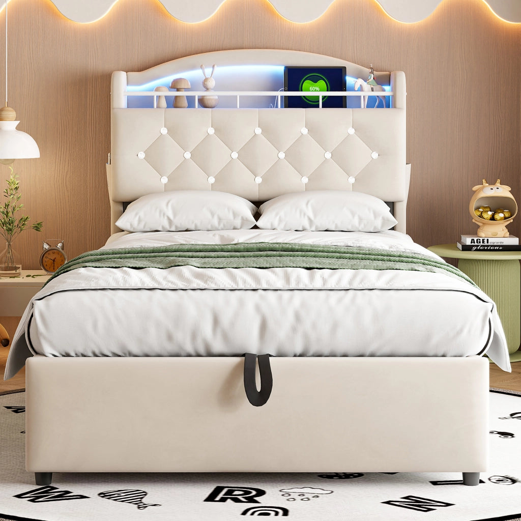 letto imbottito tessuto beige 90 x 200 cm
