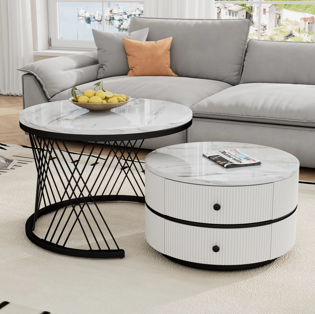 Set di 2 tavolini da caffè rotondi a incastro in MDF; bianco; 2 cassetti; 60×60×46 e 50×50×31 cm