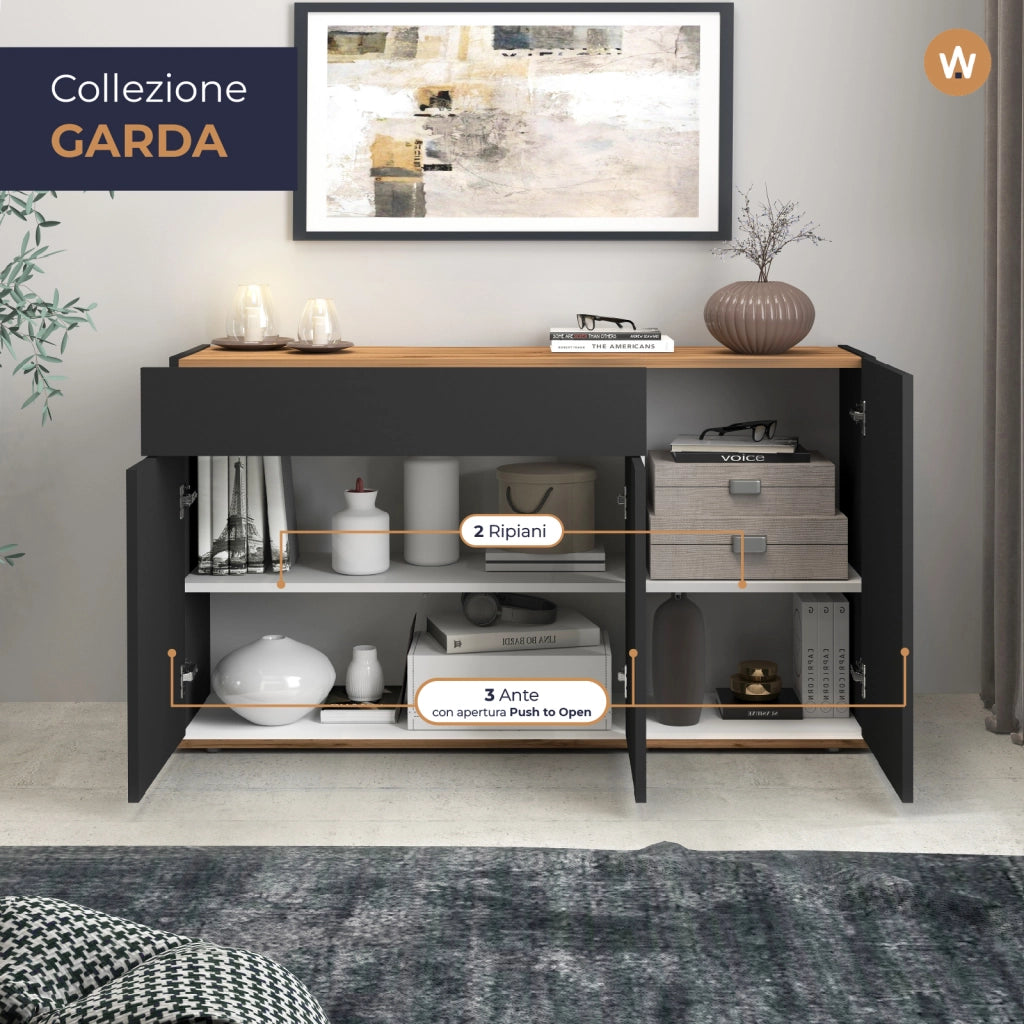 WHOUS Credenza Garda 3 ante e 1 cassetto antracite opaco e rovere 120,1x35x70 cm