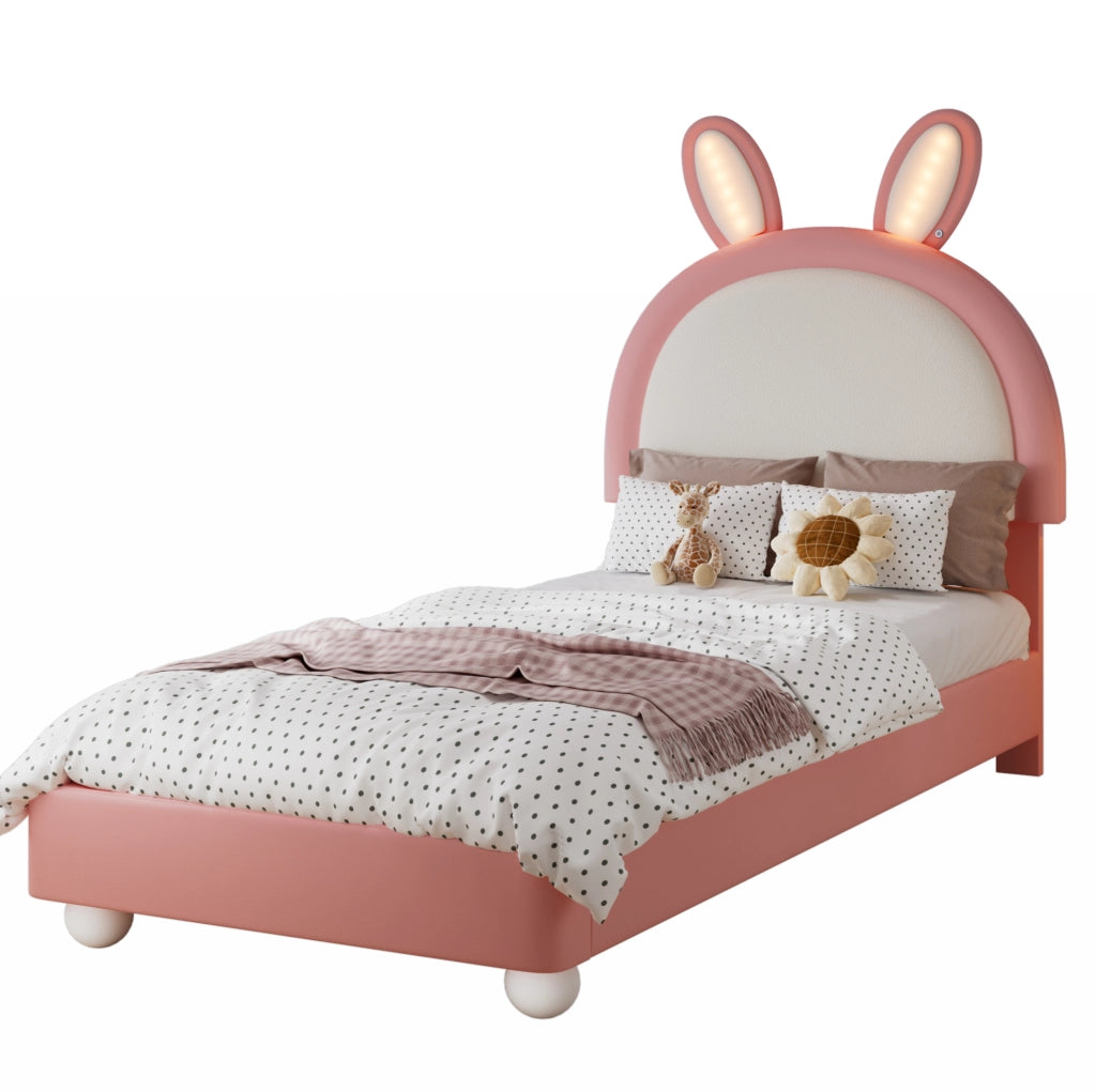 Letto singolo imbottito con testiera a coniglio e LED; 90 x 200 cm; rosa