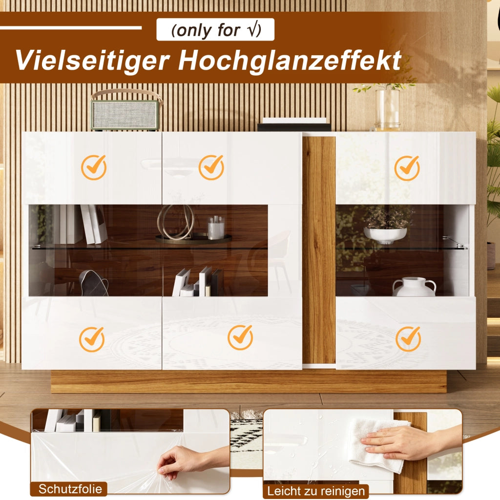 Credenza moderna con 3 ante in acrilico e LED regolabile; 120 x 38 x 80 cm; truciolare bianco e naturale