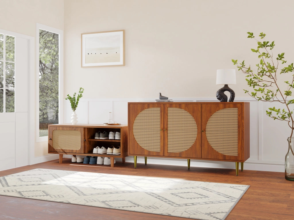 Set Mobiletto in Rattan per Soggiorno: Combinazione di Cassettiera e Scarpiera, Colore Noce