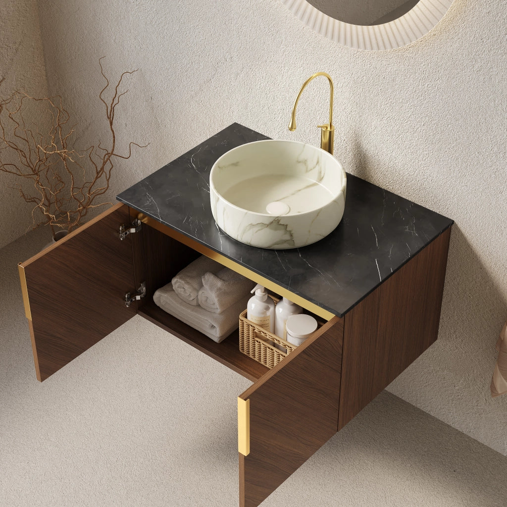 Mobile lavabo da bagno con 2 ante soft close; ceramica e pietra sinterizzata nero marrone rovere bianco