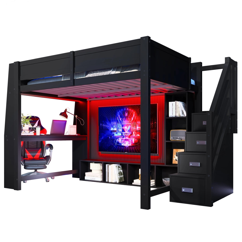 Letto a soppalco 140x200 in legno con scrivania e LED; nero