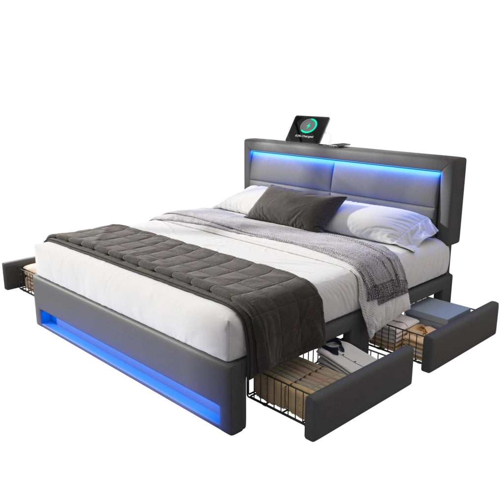 Letto imbottito 140x200 cm con LED, USB e 4 cassetti