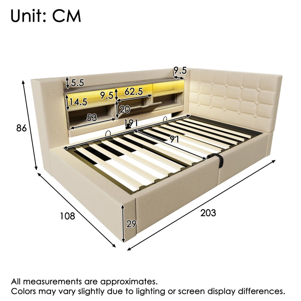 Letto Singolo 90x190 cm con LED, Spazio di Stoccaggio Idraulico e Testiera L-Forma Rivestita in Lino Beige, Montaggio Laterale Flessibile, Senza Materasso