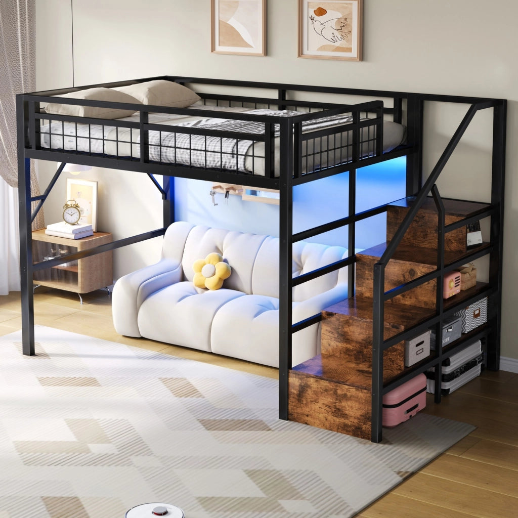 Letto a soppalco 140 x 200 cm nero con LED e gradini contenitore