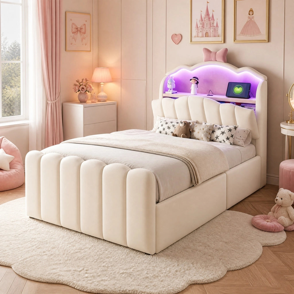 Letto contenitore 90 × 200 cm imbottito con testiera a fiocco LED porte USB e USB-C rivestito in velluto beige
