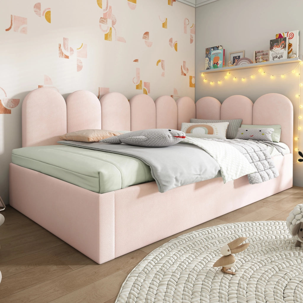 Letto con letto estraibile 90 × 200 cm con secondo letto 90 × 190 cm rivestito in velluto rosa con schienale imbottito
