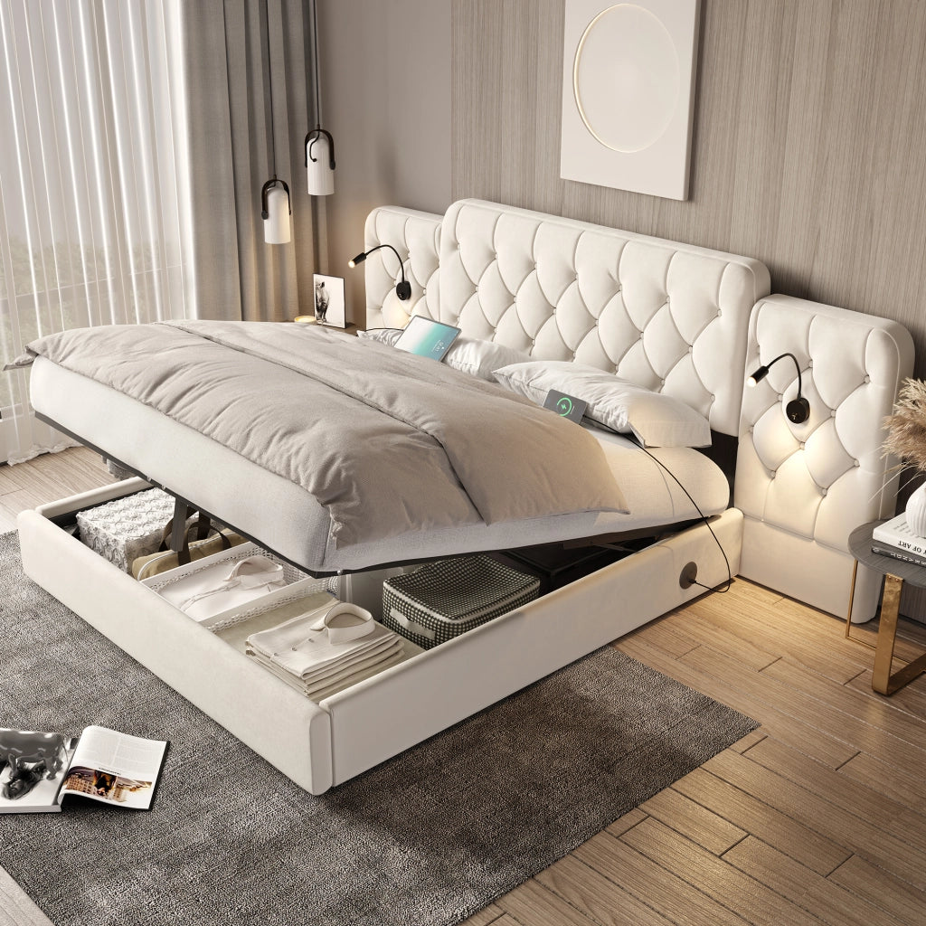 Letto matrimoniale contenitore 160 × 200 cm 2 posti con luci, USB e sollevamento idraulico, senza materasso, beige