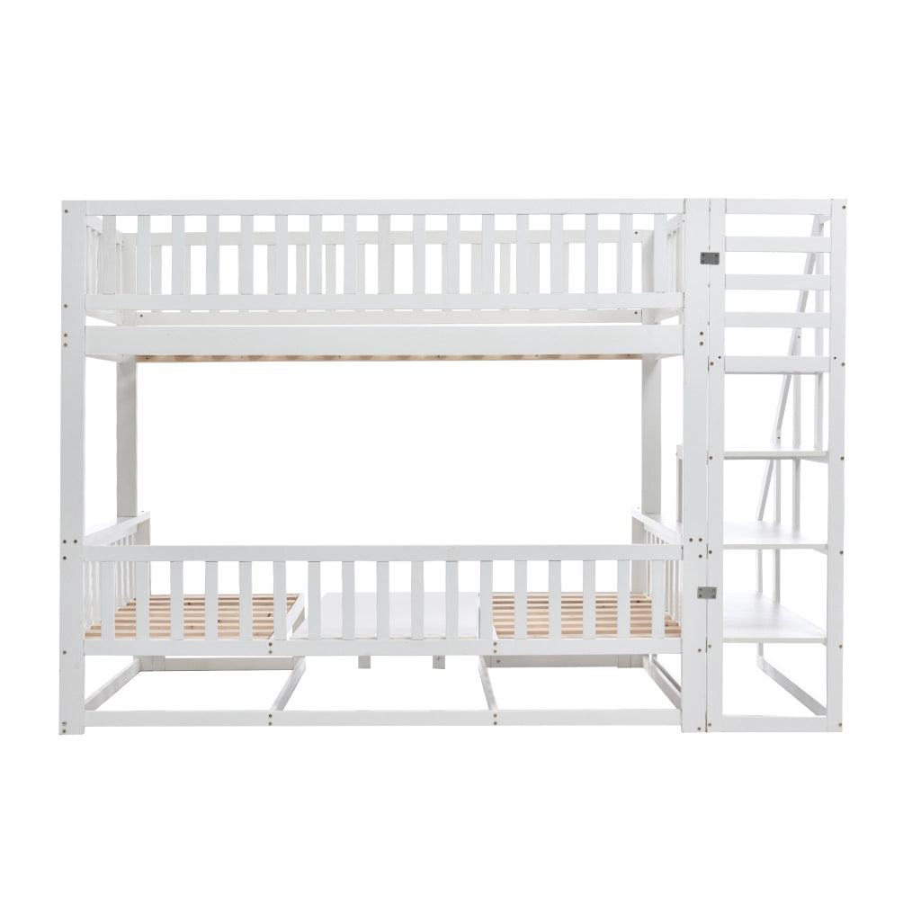 Letto a castello 90 × 200 cm e 120 × 200 cm, 3 posti con tavolo regolabile e divano, senza materasso, bianco