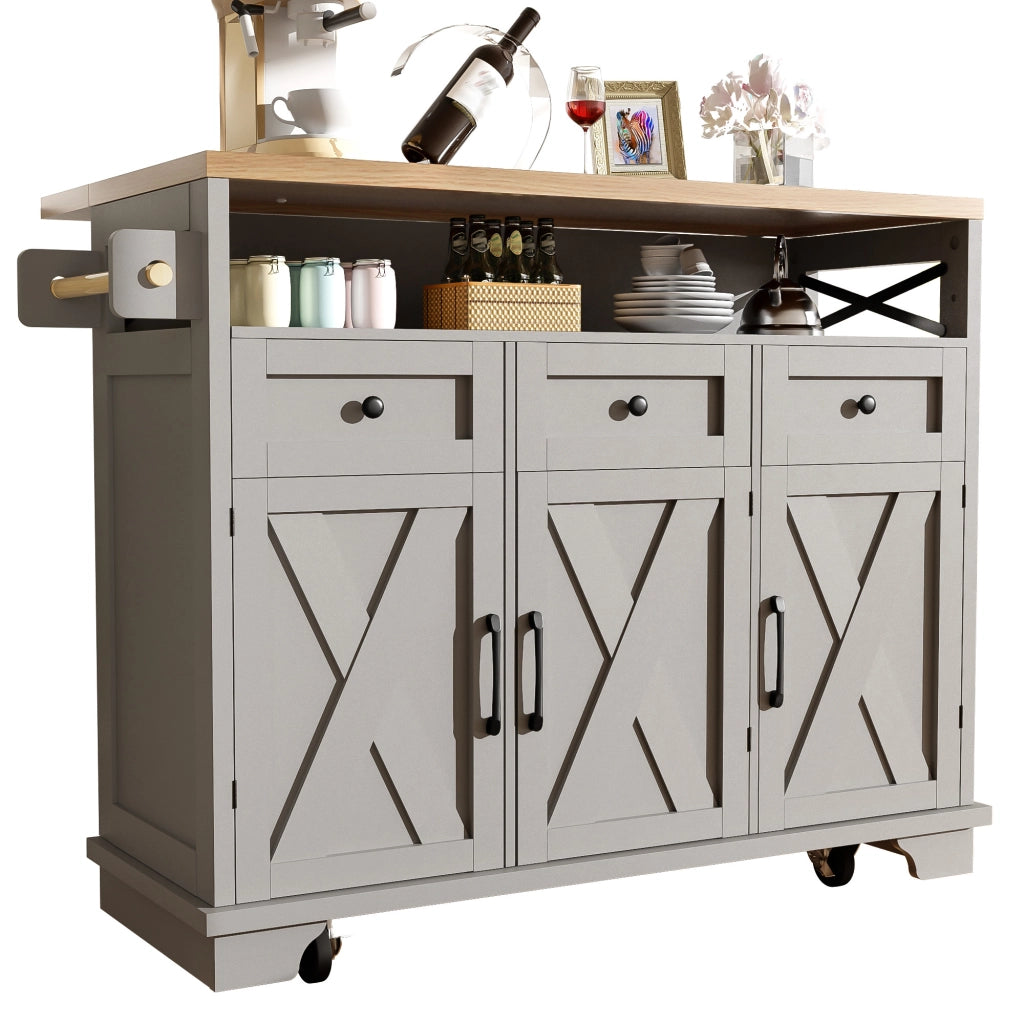 Isola cucina con piano richiudibile 118x43-80x98 cm, carrello multiuso grigio con 3 cassetti e rotelle