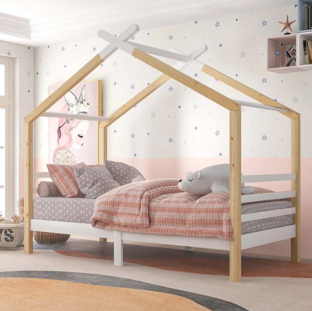 Letto a casetta 90x200 cm in legno massello color naturale con struttura a tetto