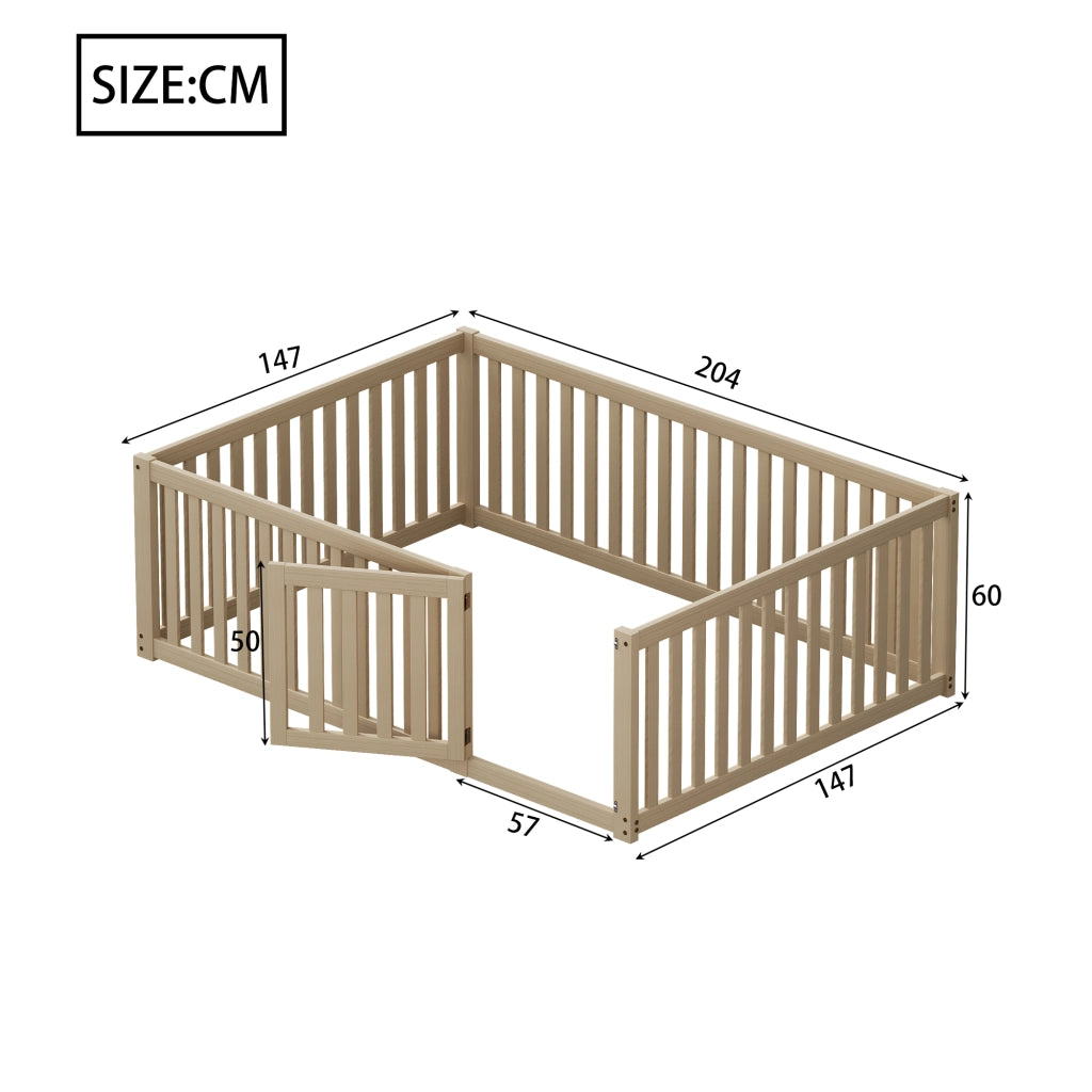 Letto a terra per bambini 140x200 cm in legno con sponde e cancelletto; senza rete; naturale