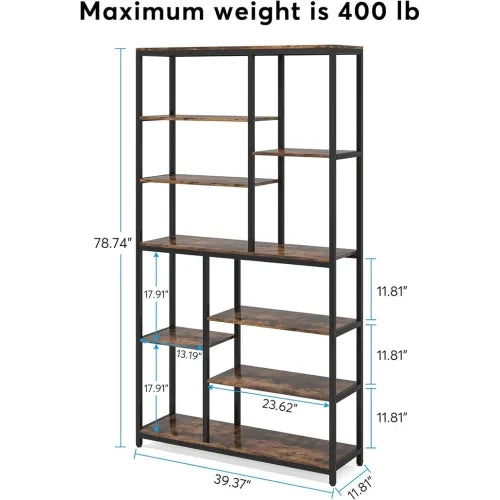 Libreria con ripiani aperti, stile industriale, in metallo, marrone rustico, per soggiorno, 100 × 30 × 200 cm