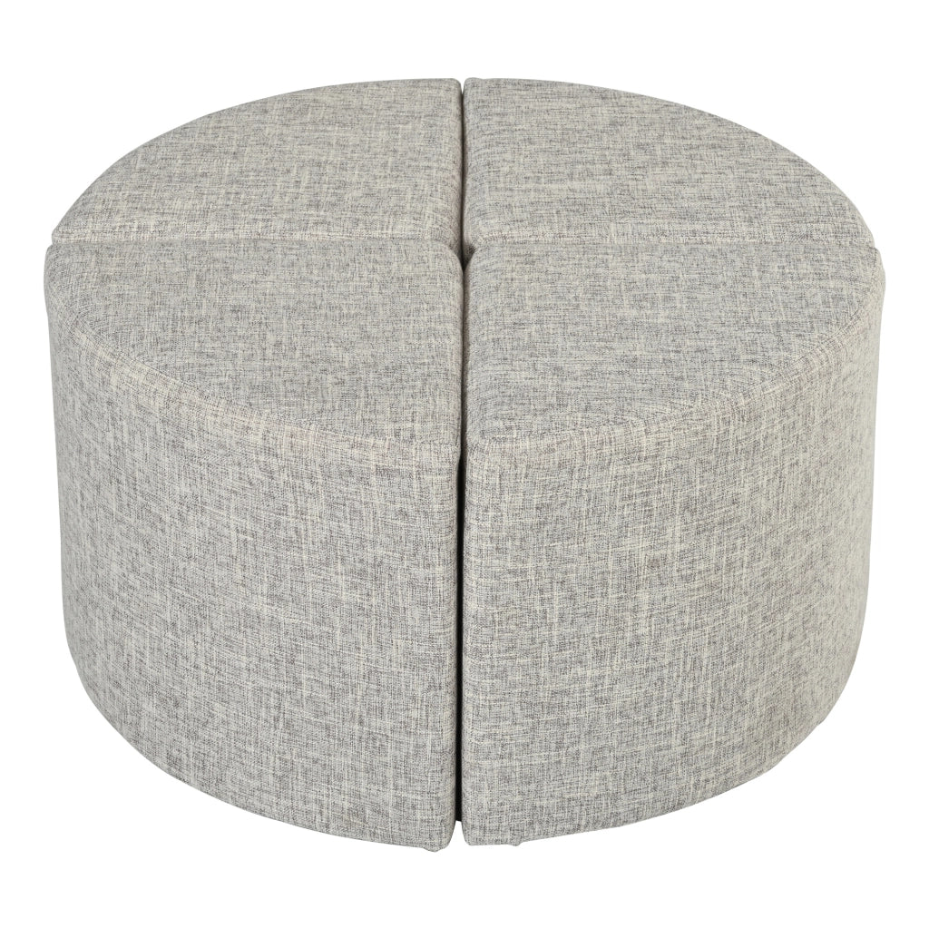Tavolino da salotto ovale con ante scorrevoli, rivestimento a scanalature verticali e pouf in tessuto, struttura in truciolato e MDF, color noce