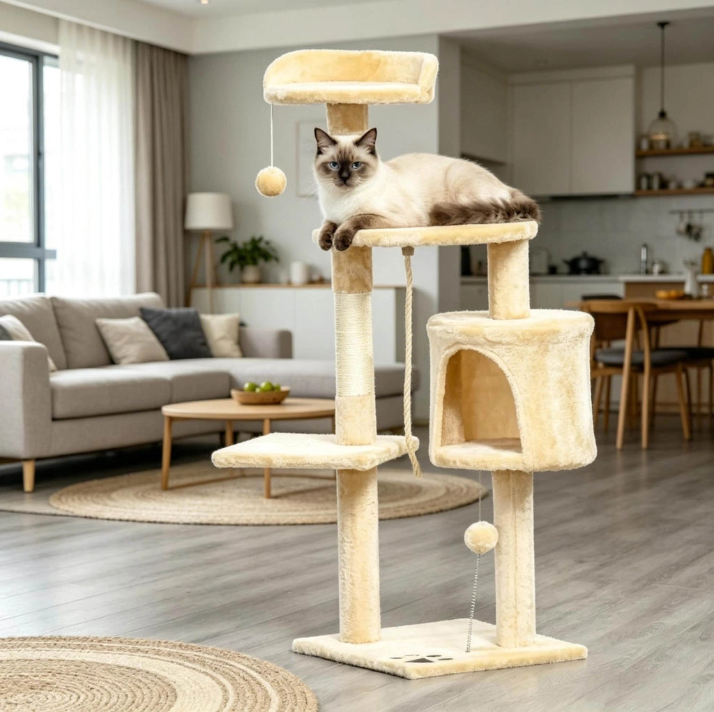 Albero tiragraffi beige a 4 livelli con cuccia e amaca
