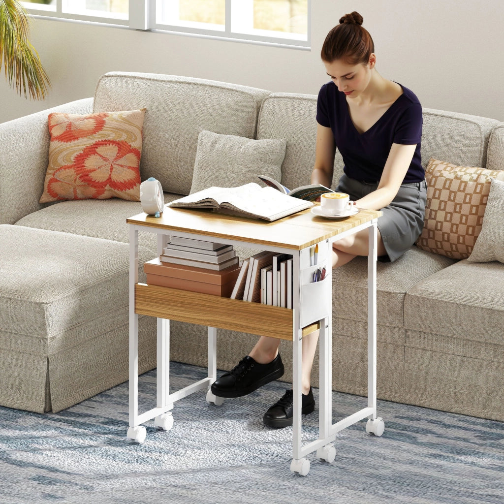 Bureau pliable sur roulettes 63 x 50 cm avec étagère et sac de rangement, bois naturel