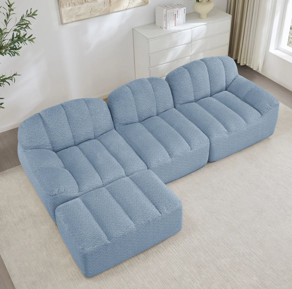Divano modulare 3 posti con ottomana, in pile granulare blu e schiuma 32D
