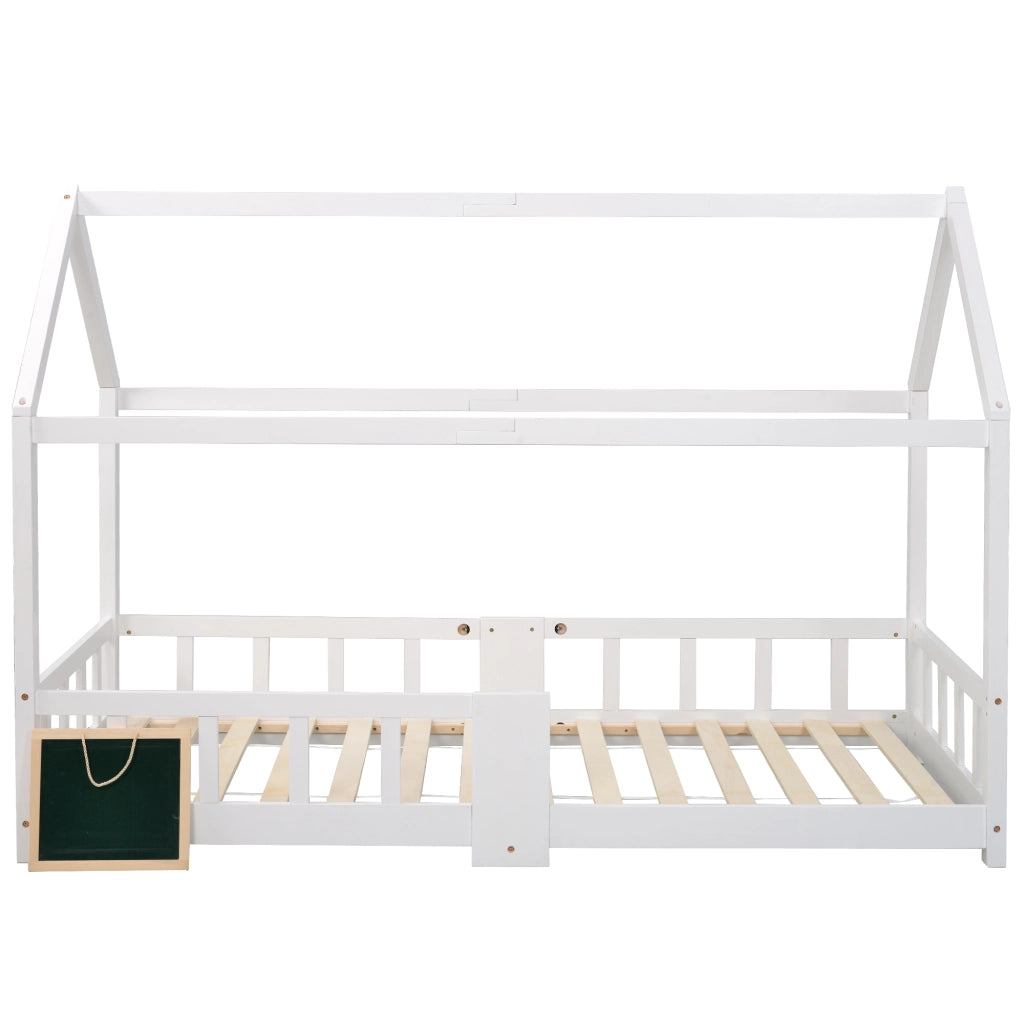 DESMIU Letto casetta bambino 90 × 200 cm con lavagna, sponda di sicurezza, senza materasso, legno massello, bianco